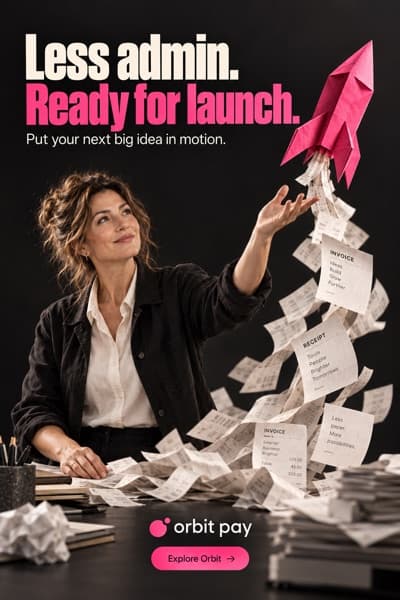 Orbit Pay: a founder launches a pink origami rocket from paperwork