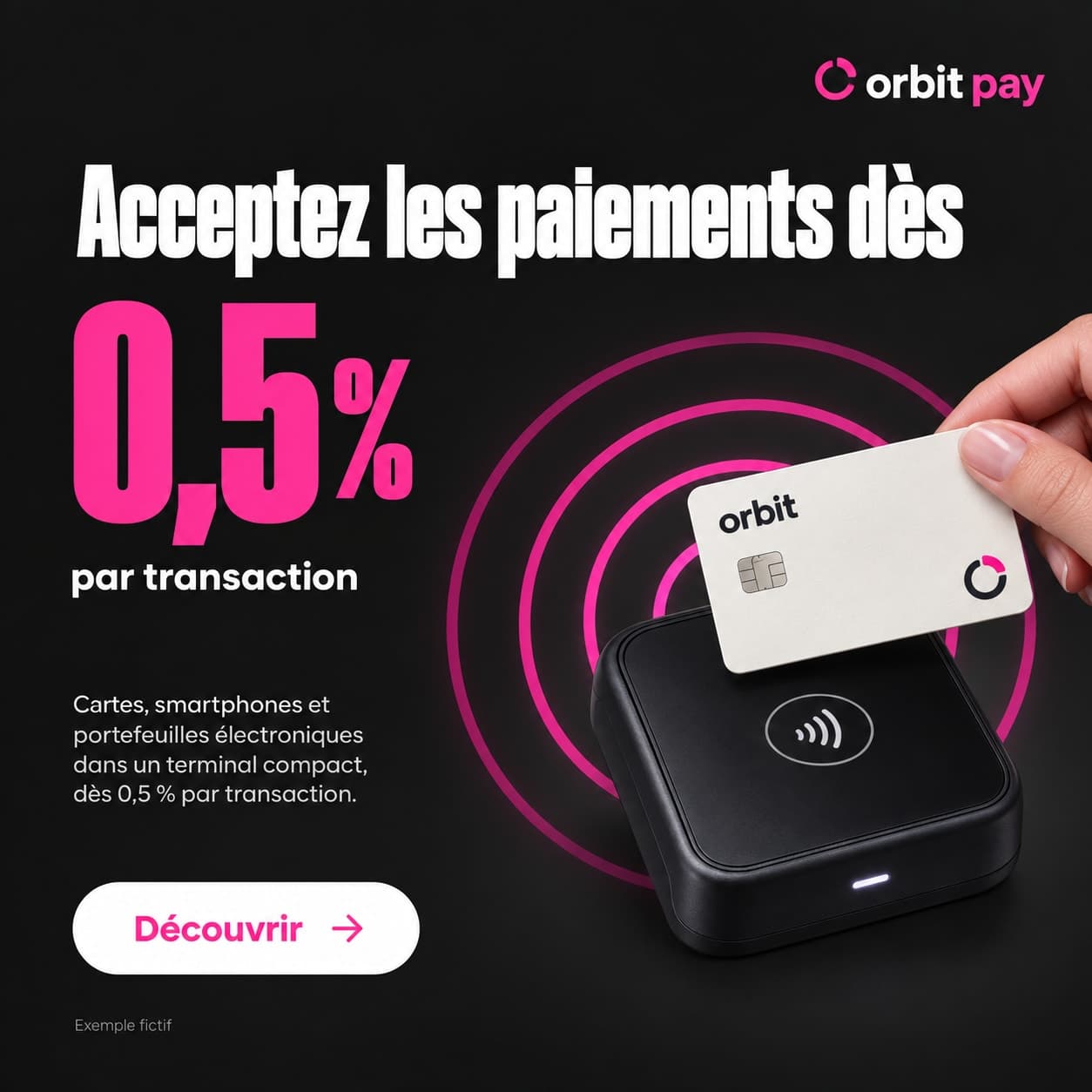 Fictional Orbit Pay creative with pink contactless rings and a 0.5 percent rate
