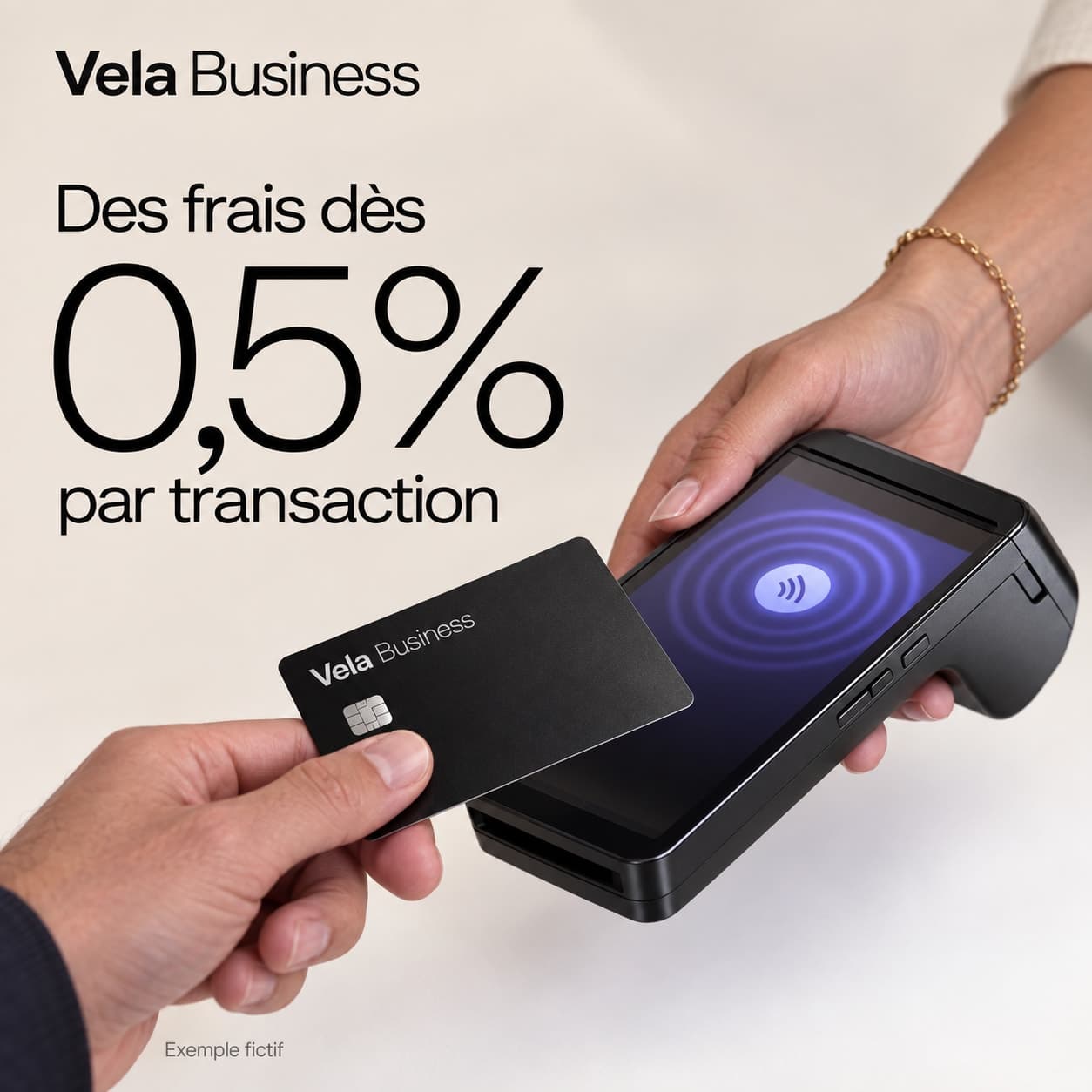 Fictional Vela Business reference creative with a contactless payment and a 0.5 percent rate